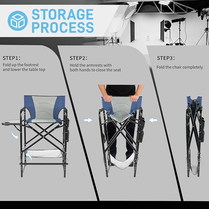 Outvita 2 Piece 31" Tall Directors Chair Height Seat Folding with Side Table Storage Bag, Support for 300Lbs Portable Makeup Artist Chair with Bar Height(Blue/Grey)