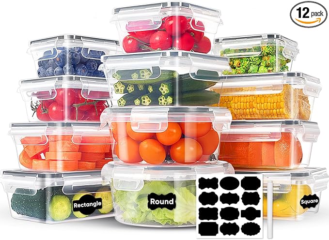 24-Piece PVC-Free BPA-Free Food-Grade Plastic Kitchen Set (12 Containers + 12 Lids), Leakproof Airtight Reusable Meal Prep & Food Storage Containers, Microwave and Dishwasher Safe