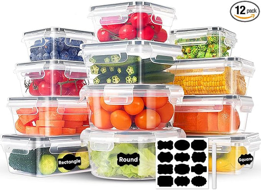 24-Piece PVC-Free BPA-Free Food-Grade Plastic Kitchen Set (12 Containers + 12 Lids), Leakproof Airtight Reusable Meal Prep & Food Storage Containers, Microwave and Dishwasher Safe