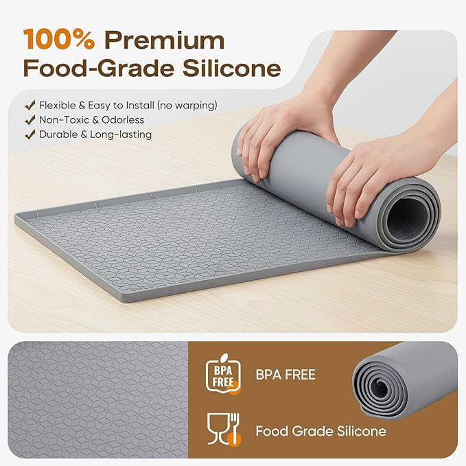 TRZZ Silicone Waterproof Under Sink Mat 34" x 22", Drip Tray and Cabinet Liner for Kitchen and Bathroom, Prevents Water Damage and Organizes Cabinets (Grey)