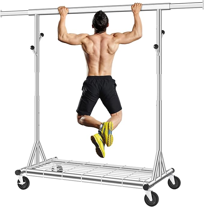FAVOOSTY Heavy Duty Clothes Rack Load 450 LBS, Rollong Clothing Rack for hanging Clothes with Shelves, Freestanding Garment Rack, Portable Wardrobe Closet Rack for Laundry Room Bedroom, Silver