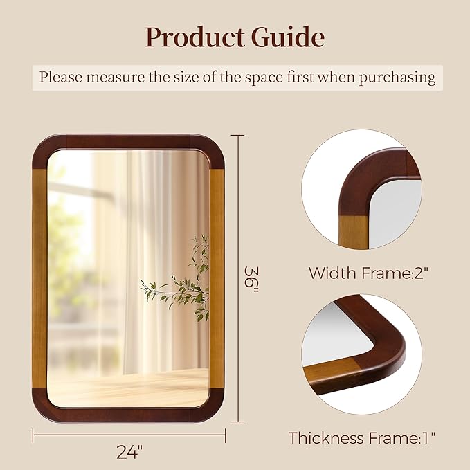 Bathroom Mirror 24 x 36 Inch,Brown Wood Rustic Rectangle Tempered Wall Mirror with Wood Frame,Round Corner Farmhouse Wooden Vanity Mirror for Living Room,Entryway or Bedroom（Walnut Brown）