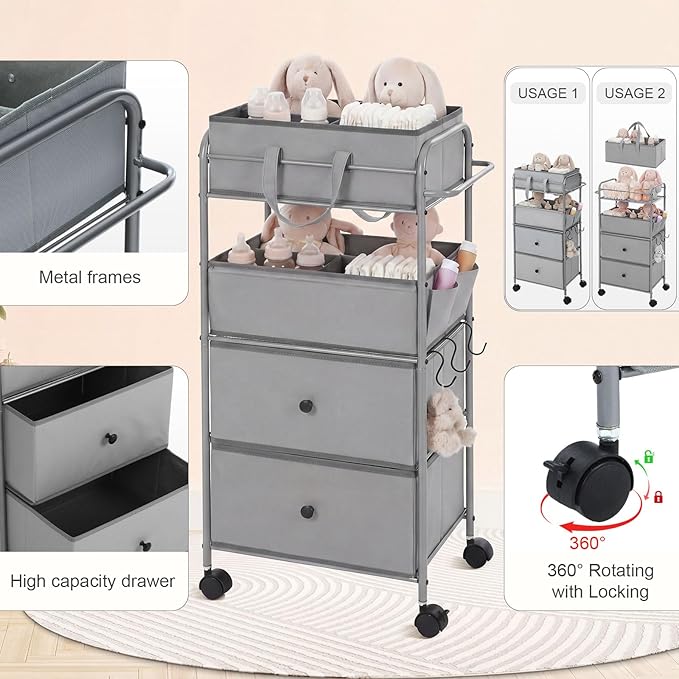 FoldTier 3In1 Baby Diaper Caddy Organizer Cart 4 Tier Large Capacity Metal Utility Bedside Rolling Cart with Divider Newborn Registry Nursery Essential Must Have Bedroom Gift Baby Shower(Gray)