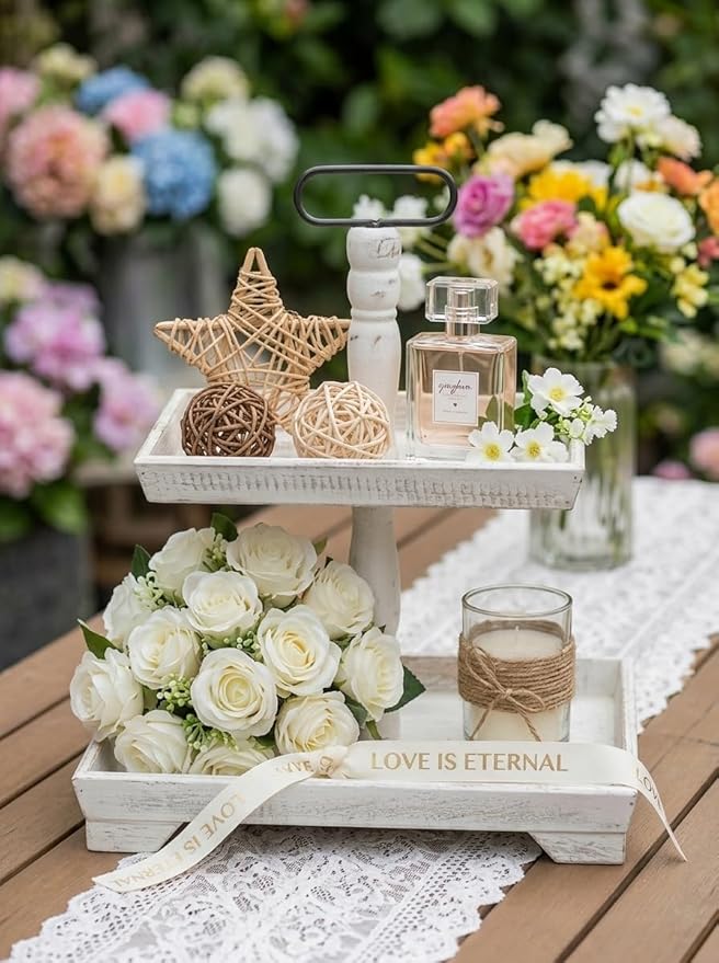 Hanobe Tiered Tray for Table Decor: 4th of July 2 Tier Decorative Tray Stand for Coffee Bar - Large Farmhouse White Display Stands for Holiday - Wood for Kitchen Counter Decorations