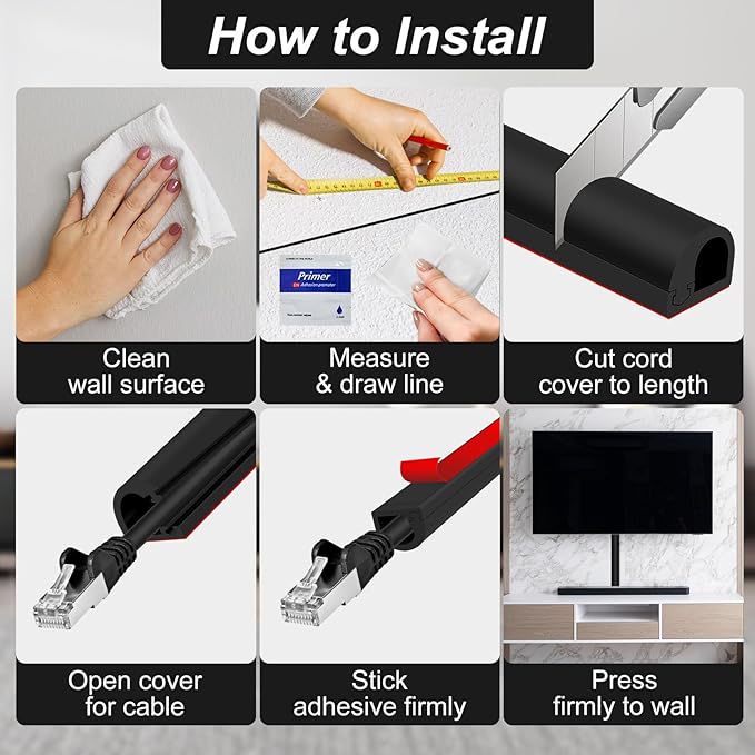 Wall Cord Hider, Flexible Self-Adhesive Wire Cover, Side-Open Cable Raceway for Cords on Wall, Cord Concealer for Mounted TV, Home Theater & Office (Black, Regular-118inch)