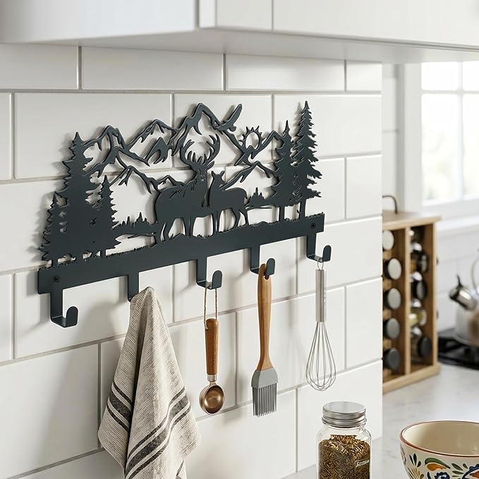 Metal Key Holder Wall Mount, Rustic Cabin Key Rack Hooks, Woodland Wildlife Wall Art Organizer for Entryway, Kitchen, Hallway, Garage, Farmhouse Home Decor & Housewarming Gift (Deer Mountain)