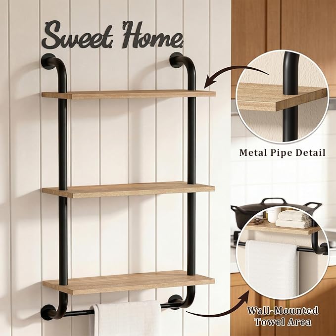 Tinpin Bathroom Shelves Wall Mounted, 3-Tier Rustic Wood Wall Shelf, 17.3 inch Industrial Pipe Floating Shelf for Bathroom,Kitchen,Bedroom,Living Room,Brown