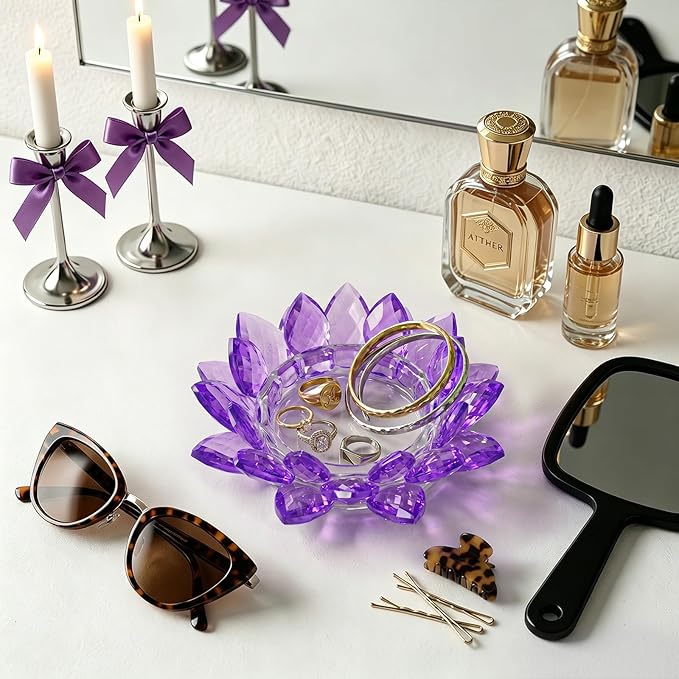 Crystal Flower Jewelry Tray, Transparent Decorative Trinket Dish for Rings, Earrings, Necklaces, Keys for Vanity Dresser Nightstand, Elegant Gift for Women Mother's Day (1, 6.3"(W)- Purple)