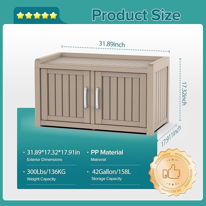 DRATO Indoor Outdoor Shoe Storage Cabinet, Shoe Bench Entryway with Adjustable Shelves, Waterproof Resin Storage Bench for Entryway, Foyer, Hallway (Gray, Duble Doors)