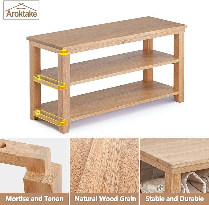 Shoe Rack Solid Wood Bench, 2-Tier Real Wooden Heavy Duty Shoe Storage Organizer Shelf for Entryway, Hallway, Mudroom, Living Room,Bedroom (Natural, 11.81"X39.4"X16.54")