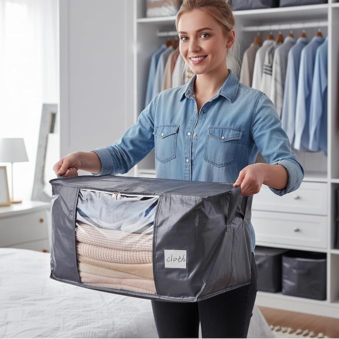 YGEOMER Blanket Storage Bags Clothes Organizers Closet Containers with Reinforced Handle for Clothing, Comforters, Bed Sheets, Pillows and Toys, Grey 60L 6 Pack
