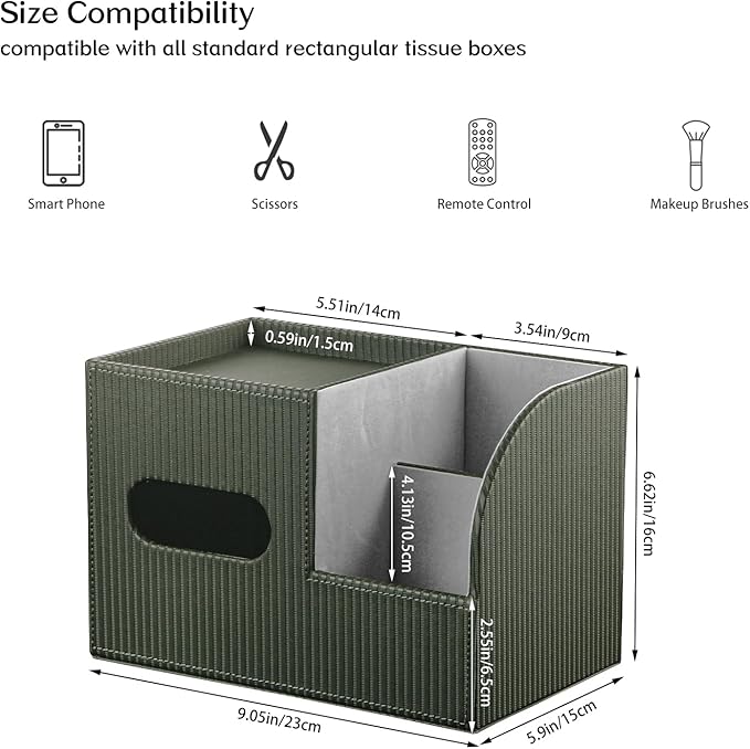 Modern PU Leather Cube Tissue Box Cover with Storage Tray, Multifunctional Remote Control Holder & Facial Tissue Dispenser Organizer for Nightstand, Bathroom, Bedroom, Office & Home Decor