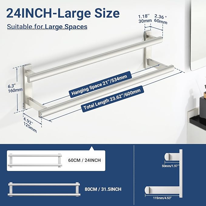 SAYAYO Double Towel Bar for Bathroom, 24 Inch Brushed Nickel Bath Towel Rack Towel Holder Wall Mounted, SUS304 Stainless Steel