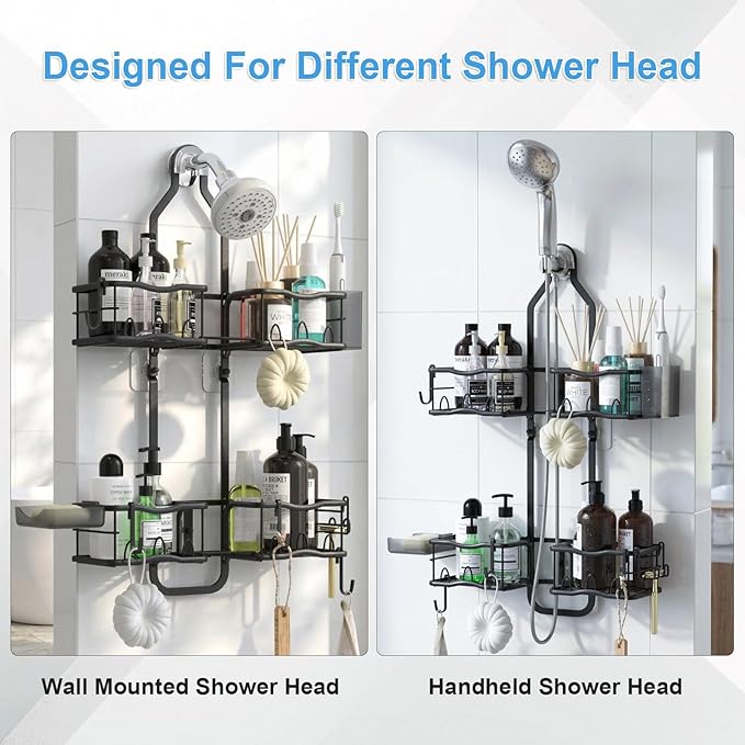 Shower Caddy Hanging Organizer, Rustproof Shower Organizer Hanging for Handheld Showerhead with Hooks for Razor/Sponge, Bathroom Caddy Rack Shower Shelves for Shampoo Soap Towels, Black