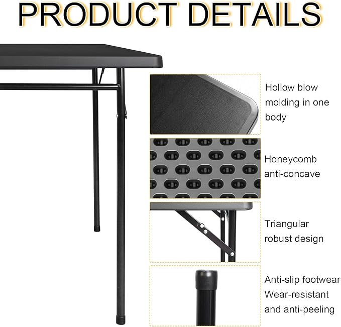 3ft Rectangular Folding Table, All-Occasion Plastic Event Table for Indoor and Outdoor, Portable Desk, Camping, Durable and Stable, HDPE and Steel, Wide Application, Black