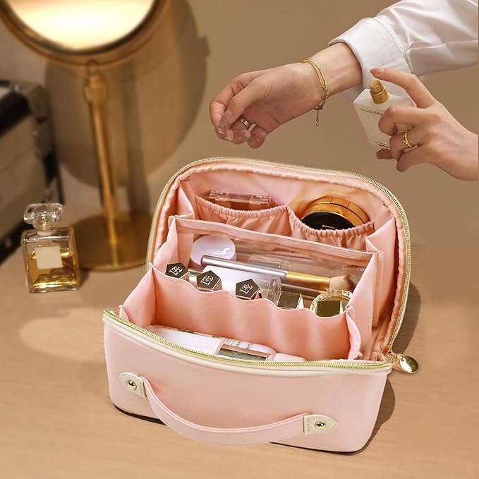 Prite Makeup Bag for Women Travel Waterproof Vegan Leather Cosmetic Bag Open Flat Toiletry Bag With Clear Divider and Handle (Pink, Large Pro)