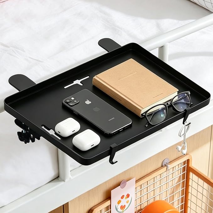 Bedside Bunk Bed Shelf for College Dorm Essentials, Bedside Caddy with Cable Catch & Bedside Organizer, Floating Nightstand for Bed Room, Office, Dorm Room, Metal Beside Tray, Bed Table, Black