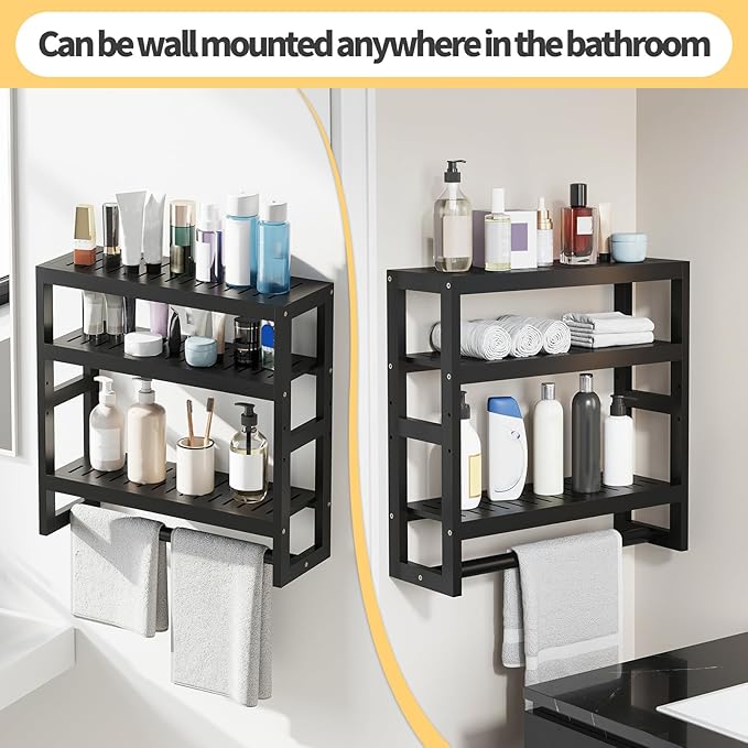 Bathroom Shelves with Hanging Bar Over Toilet Storage - Adjustable Wall Organizer (Black)