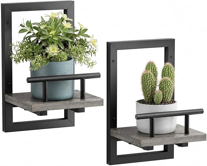 Sbosbo Floating Shelves for Wall, Plant Shelf Indoor, Wall Planters for Indoor Floating Plant Shelves for Bedroom, Living Room, Kitchen, Office, Bathroom Decor (Grey, 2 Pack)