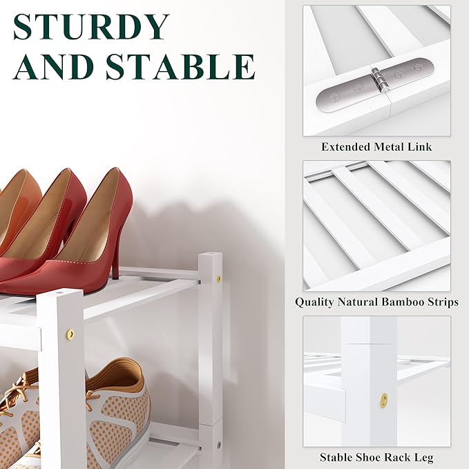 Smiry Long Bamboo Shoe Rack, 4 Tier Free Standing Wooden Shoe Organizer, Stackable Wood Shoe Storage Shelf for Closet, Entryway, 12 Vertical Slats, 2+2 Stack Standard Legs, 33.7"x11"x26", White
