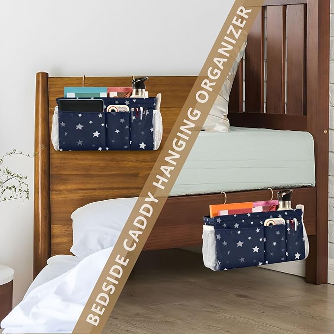 Bedside Caddy Hanging Bunk Bed Caddy Bed Organizer Hanging Pocket with 2 Hooks Bedside Storage Organizer Pocket Bag Holder Stars Dark Blue