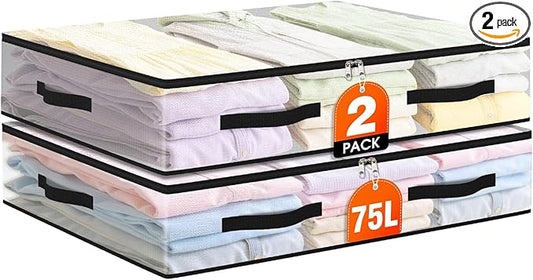 2 Pack Under Bed Storage Bags, 75L Foldable Clear Storage Containers with Handles, Dual Zippers for Comforter, Clothes, Bedding, Linen Sheets, Sweaters, Blanket Storage