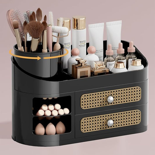 UFORU Makeup Organizer with Rotating Brush Holder, Bathroom Countertop Organizer with 2 Drawers, Easy to Store Hair Brush, Lipsticks, Perfumes, Skincare, Black