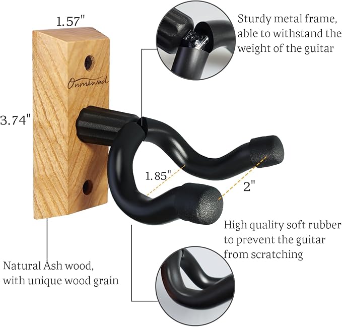 Onmiwod Guitar Wall Mount 2 Pack, Ash Hardwood Guitar Hanger, U-Shaped Guitar Wall Hanger Mount, Guitar Holder Hook Stand Wall for Acoustic, Electric Guitar, Banjo, Bass, for Guitar Player Men Boy