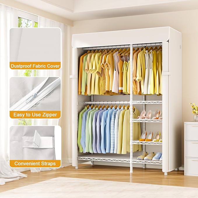 ULIFHOME F2C Clothes Rack with Cover, Clothing Racks for Hanging Clothes, Heavy Duty Garment Rack with Shelves and Hanger Rods, White Closet with Beige Cover, 47.2" W x 16.5" D x 78.3" H, Load 630lbs