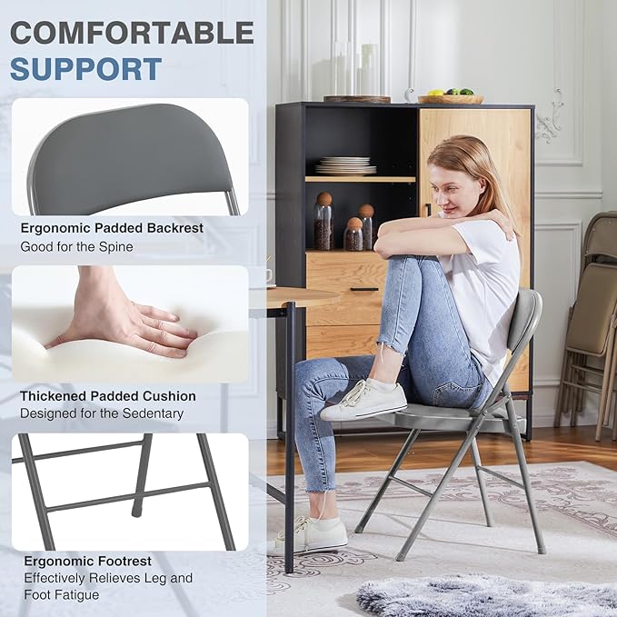 DUMOS 12 Pack Folding Chairs with Padded Cushion and Back - PU Leather Stackable Portable Dining Chairs Set, for Home and Office, Conference, Wedding, Party, Patio, Garden, for Indoor Outdoor, Grey
