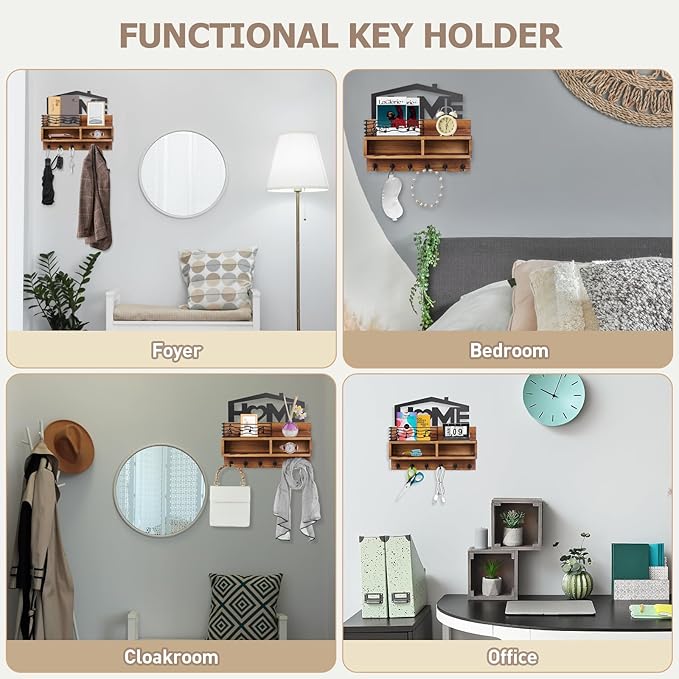 VIS'V Key Holder Wall Mount, Decorative Wooden Mail and Key Organizer with Storage Basket and Shelf, 2 Compartments, 6 Hooks, Brown
