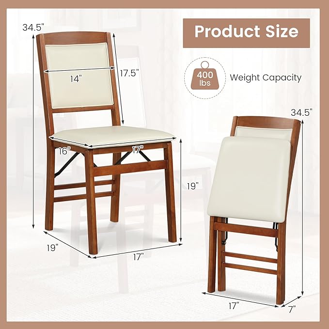 Giantex Folding Dining Chairs Set of 4, Wood Kitchen Chair w/Padded Seat, Solid Wood Frame, Max Load 400 Lbs, No Assembly, Easy to Store Foldable Wooden Dining Chairs for Apartment, Small Space