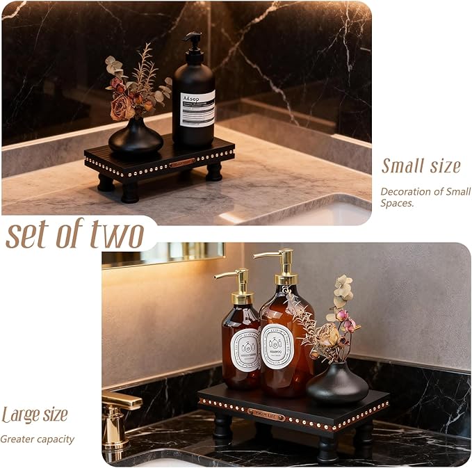 Wood Tray Pedestal Stand, Waterproof Bathroom Counter Organizer, Modern Farmhouse Riser for Soap/Candle/Sponge Black Set （Middle+ Small