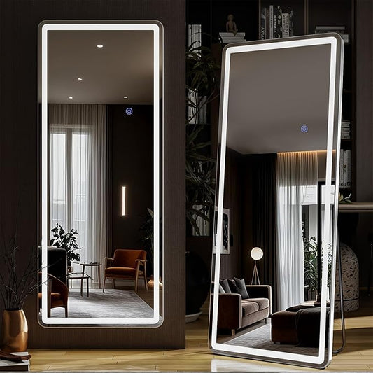 64"x21" LED Full Length Mirror – Standing Floor Mirror with Dimmable Lights 3 Color Modes – Adjustable Brightness, Wall-Mount or Lean for Barber, Fitness Center, Dressing Room, Vanity