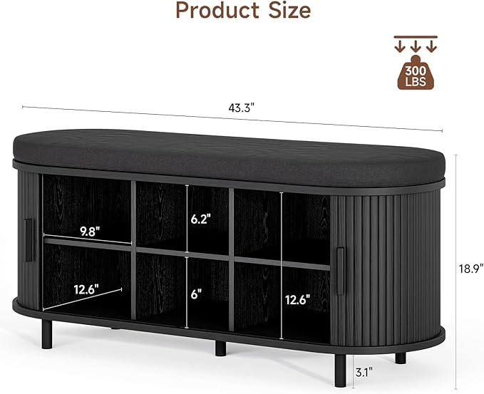 ONBRILL 43" Shoe Bench with Storage, Fluted Shoe Storage Bench with Cushion, Sliding Door and Adjustable Shelf, for Entryway, Hallway, Living Room, Black