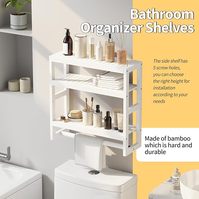 Bathroom Shelves with Hanging Bar Over Toilet Storage - Adjustable Wall Organizer (White)