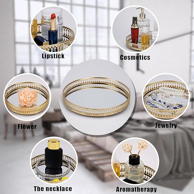 Ayswupt Gold Mirrored Vanity Tray for Bathroom Counter,Metal Decorative Jewelry Storage Tray Cosmetic Perfume Organizer for Dresser,Bedroom,Home Decor,Suit for Candle Holder,Coffee Table Centerpiece,S