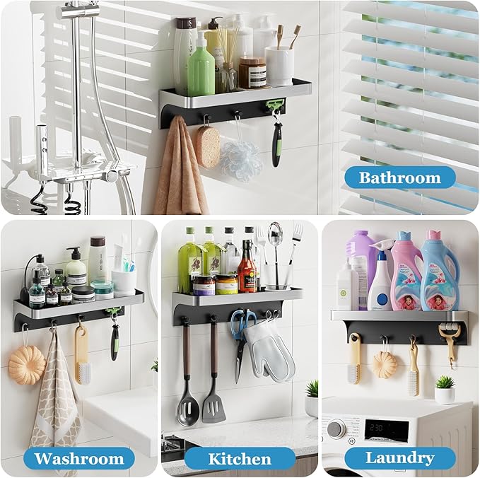 Shower Caddy Adhesive, Shower Shelves for Inside Shower with Hooks,No Drill Bathroom Organizers and Storage Hanging, Rustproof Shower Organize Rack, Silver