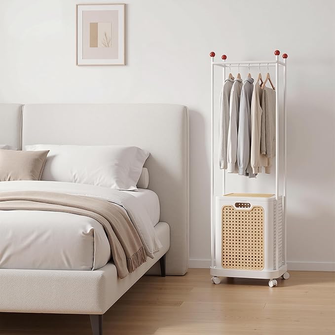 VECELO Laundry Hamper with Clothes Rack, Rolling Laundry Basket with Lid and Wheels, Tall Clothes Stand for Hanging Clothes, Multifunctional Laundry Organizer for Bedroom, Bathroom, White