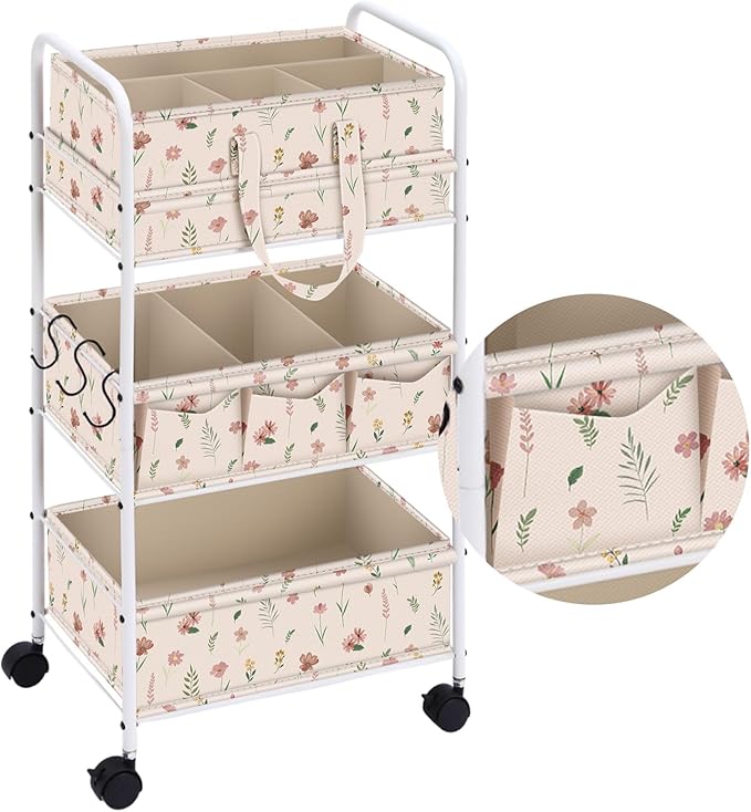 Yookeer 2in1 Baby Diaper Caddy Organizer Cart 3 Tier Large Capacity Metal Utility Bedside Rolling Cart with Divider Newborn Registry Gift Nursery Essential Must Have Bedroom Baby Shower(White,Flowers)