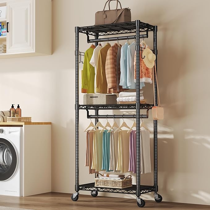 NEWBULIG Heavy Duty Adjustable Clothes Rack with Wheels, Adjustable Rolling Metal Freestanding Garment Closet Organizer with Double Rods & 2 Side Hooks for Hanging Clothes, 29" x 15" x 75", Black