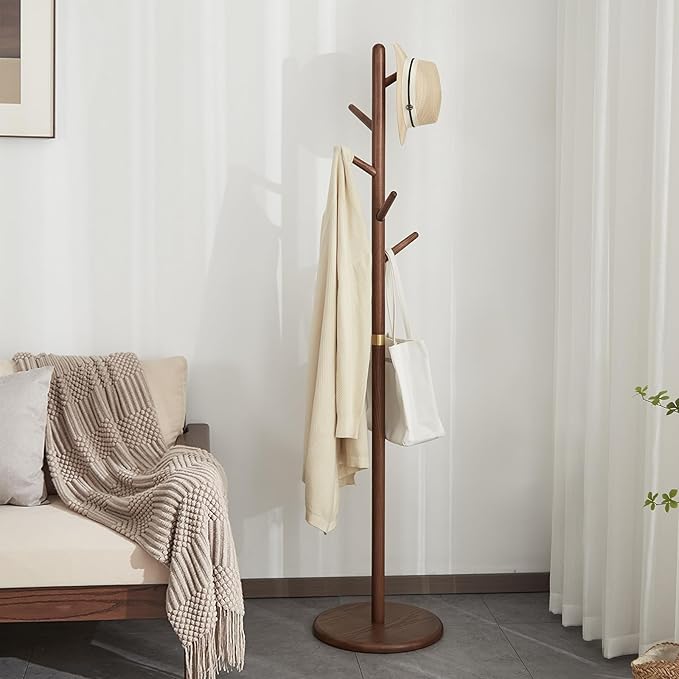 Coat Rack, Solid Wood Coat Rack Freestanding with 6 Hooks, Wooden Coat Tree Freestanding for Hats, Handbags, Coat Stand for Entryway, Bedroom, Hallway - Ideal Gift (Walnut)