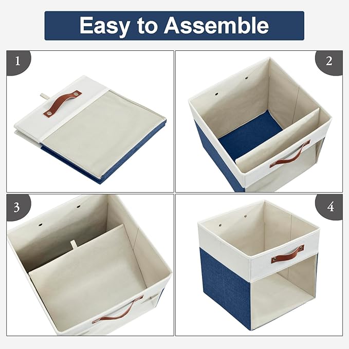 Bagnizer Storage Cubes, 4 Pack Linen Foldable Storage Bins (13 x 13 inch) with Clear Window and Handles, Fabric Organizer for Shelf Closet, Clothes, Books - (Navy Blue and White)