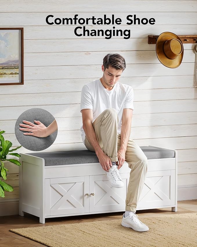 Pipishell 2-Tier Shoe Storage Bench with Cushioned Seat, Entryway Bench with Adjustable Shelf & Barn Doors, 300 lbs Capacity, 39.4" W x 16" D x 18" H, for Entryway, Bedroom, Living Room, White