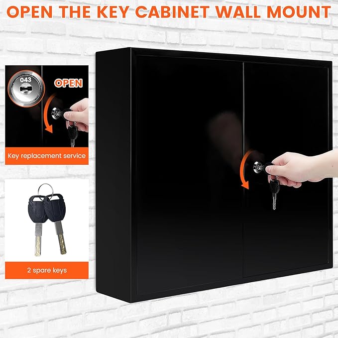 440 Keys Dual-Door Key Lock Box Wall Mount with 20 Adjustable Hook Plates, Numbered Hooks and Tags, Steel Key Cabinet with Index Log, Key Storage Box Key Organizer for Garage Home Office, Black
