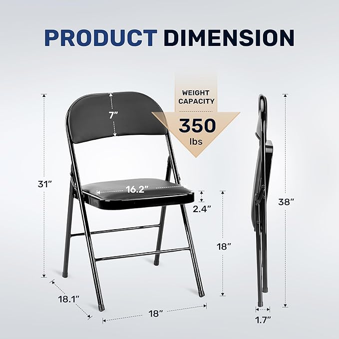 Simple Deluxe 2 Pack Portable Padded Folding Chairs, Leather Upholstered Seat Pad & Durable Metal Construction, Commercial-Grade Seating for Home, Office, Indoor Outdoor Events, Black
