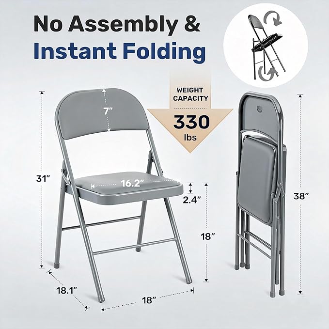 Simple Deluxe 2 Pack Folding Chairs – Padded Leather Seats, Heavy-Duty Metal Frame | Collapsible & Lightweight for Indoor/Outdoor Events, Home, Office, Grey
