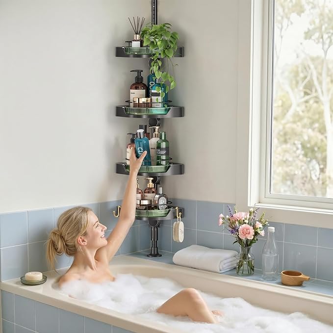 akinbas Shower Caddy Tension Pole with 4 L-Lazy Susan Organizer 360 Rotating 35-128 Inch No Drilling Floor Standing Shelves Adjustable Shower Rack for Bathroom Corner (Black+Green)
