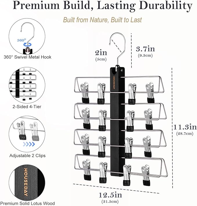 HOUSE DAY Skirt Hangers Space Saving 2 Pack, Double Row 4-Tier Non-Slip Hangers with Clips for Skirts, Shorts, and Pants - Lotus Wood Clip Hanger for Women - Closet Organizers and Storage (Black)
