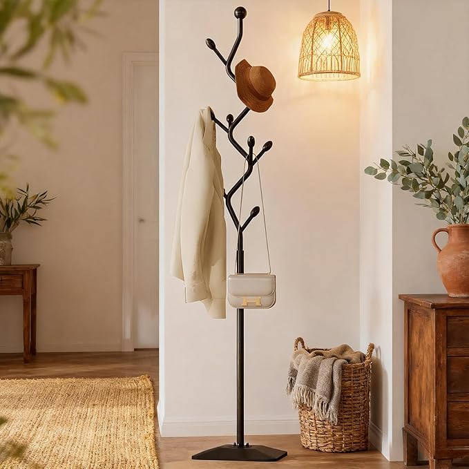 Coat Rack Freestanding Metal Coat Tree with 8 Hooks, Creative Design Tree Branch-look, Standing Coat Rack Coat Hanger Stand with Stury cast iron Base for Entryway, Hallway, Bedroom (black)